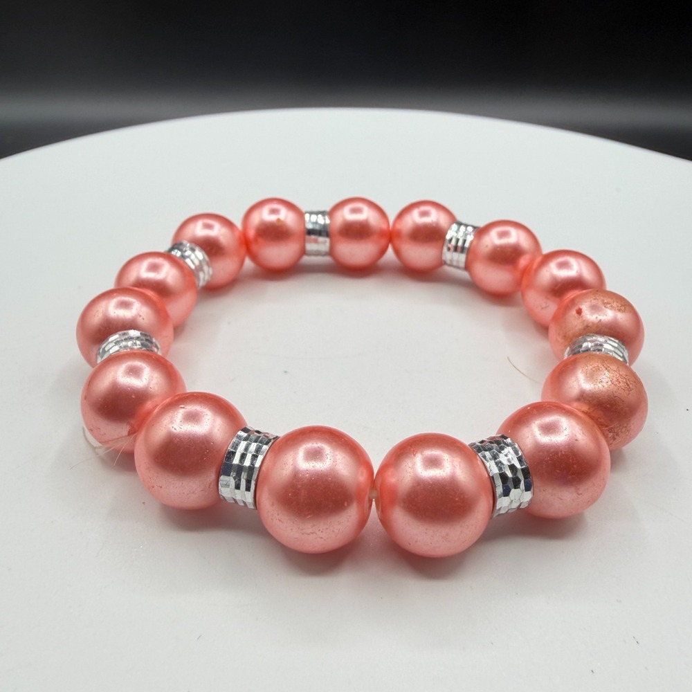 Coral Pink Faux Pearl Stretch Bracelet Silver Tone Spacers Chunky Beaded Glam